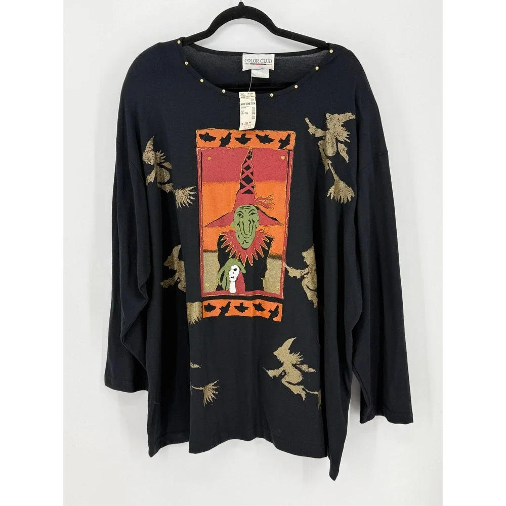 Halloween Vintage New Witch Pumpkin Studded Knit Top Size 26 Black Whimsigoth